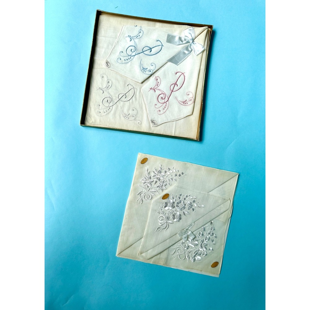 Vintage 1940s Burmel Handkerchief Set Swiss Embroidered Monogram Floral in Box